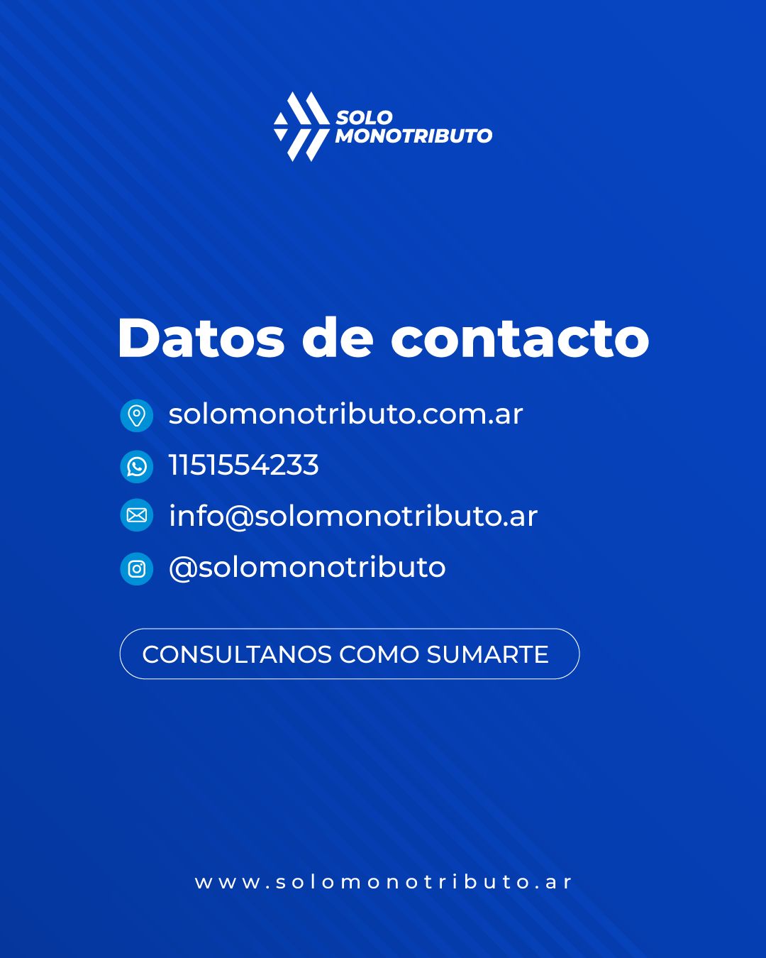 📢 ¡Estamos para vos! 💬 Contáctanos por WhatsApp, DM, email y te responderemos a la brevedad. 📩📞📲 Encontra toda nuestra info en nuestro perfil o escríbenos directamente. ¡Te leemos!

Contactanos y te decimos cómo hacer 
📲 11-5155-4233

📧 info@solomonotributo.ar

📬 Mensaje privado

#monotributo #afip #contador #contabilidad #autónomo #impuestos #facturas #recategorizacion #altamonotributo #bajamonotributo #moratoria #plandepago #facturaelectronica #ingresosbrutos #asesoramientopersonalizado #asesoramientocontable #contadorpublico #deuda #banco #consejo #tarjetadecredito