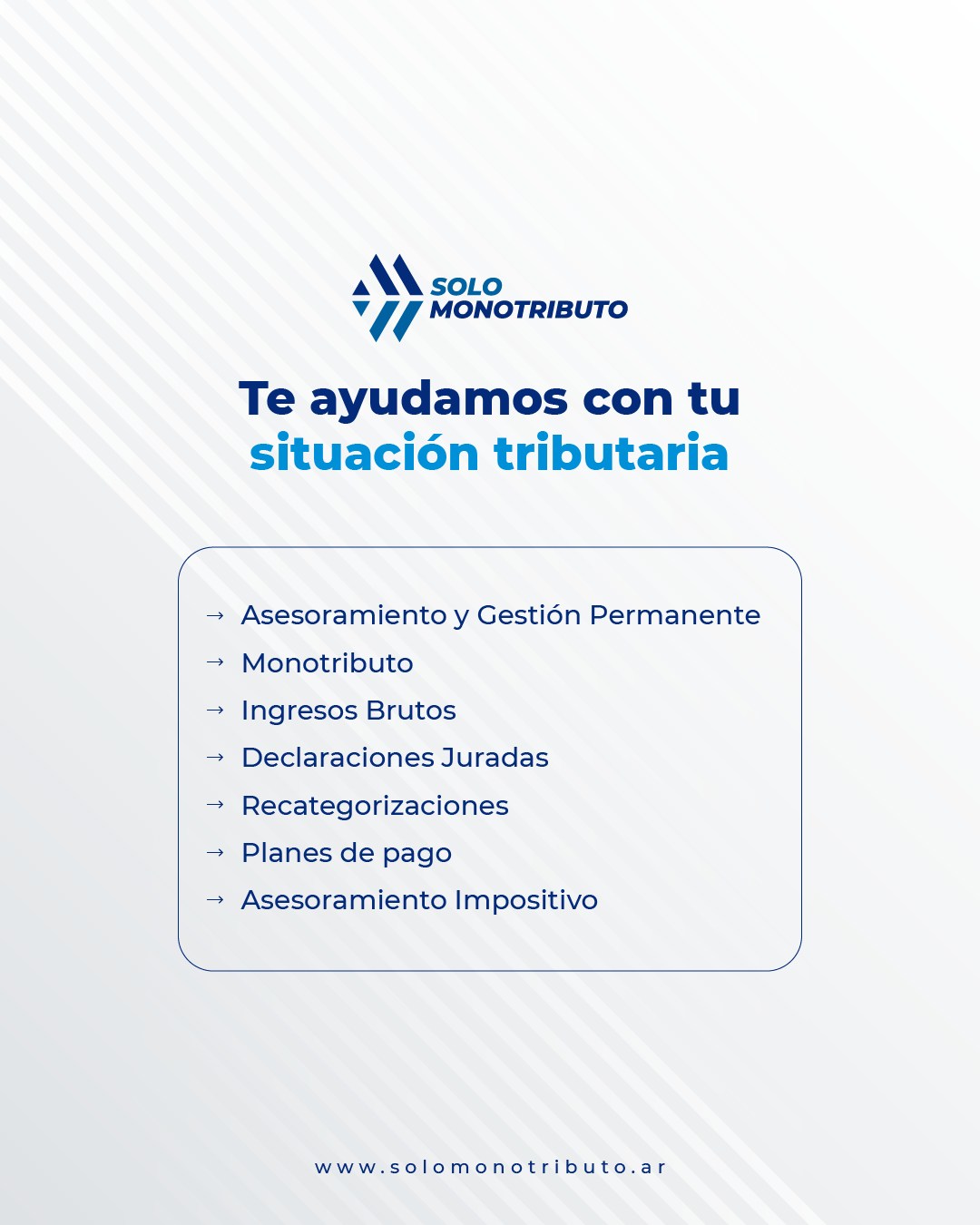 📑 Gestión tributaria integral para monotributistas y emprendedores
En Solo Monotributo brindamos asesoramiento permanente y soluciones a medida en:
• Monotributo
• Ingresos Brutos
• Declaraciones juradas
• Recategorizaciones
• Planes de pago
• Asesoramiento impositivo
🌐 Más info en www.solomonotributo.ar
#Impuestos #AsesoramientoFiscal #Monotributo #GestiónContable